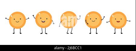 Définir des pièces de dessin animé. Drôle souriant pièce de monnaie en or mignonne avec le visage, les mains et les pieds Illustration de Vecteur