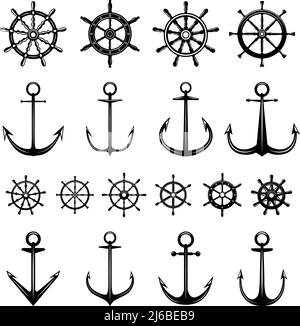 Ensemble de roues directrices et d'ancrages de bateau de style monochrome vintage. Élément design pour logo, emblème, affiche, affiche, t-shirt. Illustration vectorielle Illustration de Vecteur