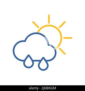 Soleil avec nuage de pluie et icône de vecteur isolé de gouttes de pluie. Signe de météorologie. Symbole graphique pour les sites Web et les applications de voyages, de tourisme et de météo, logo, Illustration de Vecteur