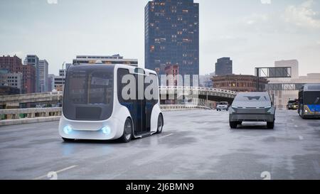 Bus électrique autonome autopilotant dans la rue, concept de technologie de véhicule intelligent, rendu 3D Banque D'Images