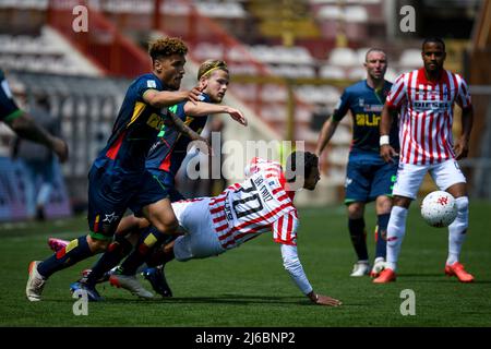 Alessio Da Cruz de Vicenza gêné par Valentin Gendrey de Lecce lors du match LR Vicenza vs US Lecce, match de football italien série B à Vicenza, Italie, avril 30 2022 Banque D'Images