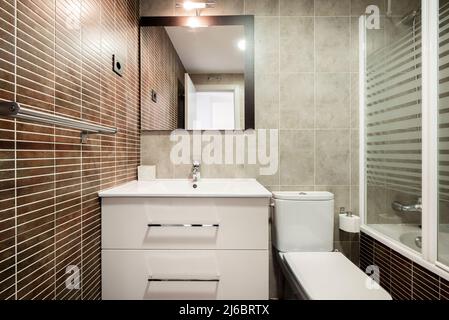 Salle de bains avec lavabo en résine blanche sur armoire en bois avec tiroirs, miroir sur le mur, cabine de douche et carreaux bruns Banque D'Images