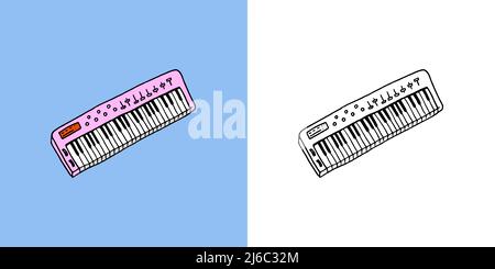 Synthétiseur ou piano électronique. Clavier musical. Dessin dessiné à la main dans un style vintage de caniche. Illustration de Vecteur