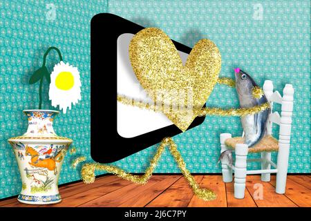 Lutte pour attirer les spectateurs. Luttez pour attirer les téléspectateurs d'une manière humoristique, un coeur sortant de l'écran de télévision embrassant un poisson assis sur un c Banque D'Images