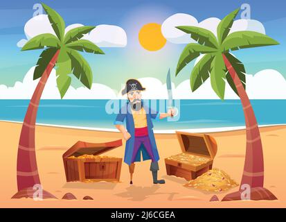 Composition de pirate avec paysage insulaire personnage humain avec coffre au Trésor Illustration de Vecteur