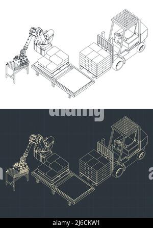 Illustration vectorielle stylisée de dessins de systèmes de chargement robotisés dans les usines et les entrepôts Illustration de Vecteur