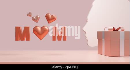 Affiche de fête des mères ou bannière avec coeurs doux, fleur et boîte-cadeau rose sur fond rose. 3d rendu Banque D'Images