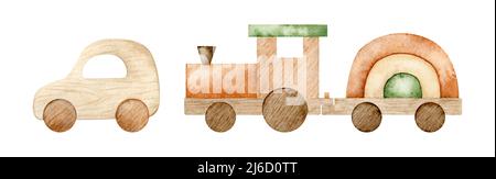 Aquarelle illustration éco jouets pour bébés. Décoration de pépinière, jouets en bois - voiture, train. Tracé à la main isolé sur fond blanc. Parfait pour la carte, l'invitation, b Banque D'Images