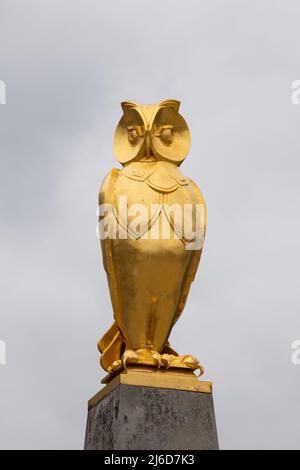 Symbole de la sculpture de la chouette dorée de Leeds à l'extérieur du Leeds Civic Hall, Leeds, West Yorkshire, Angleterre, Royaume-Uni Banque D'Images