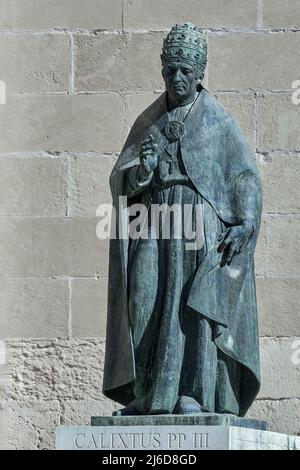 Sculpture des Alfons de Borja, futur Pape Calixtus III, au 14th siècle, baptisé dans le Seo de Xativa, Valence, Communauté Valencienne, Espagne. Banque D'Images