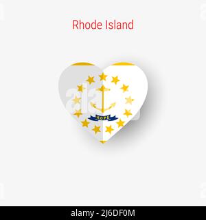Drapeau en forme de cœur de l'État américain de Rhode Island. Bannière pliée coupée en papier origami. Illustration vectorielle 3D isolée sur blanc avec une ombre molle. Illustration de Vecteur