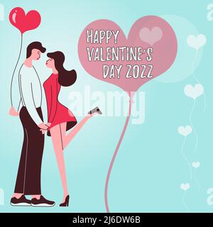 Légende conceptuelle HAPPY VALENTINES DAY 2022. Mot pour blanc et rose Saint Valentin ruban décoratif jour des amoureux couple tenant les mains représentent Banque D'Images