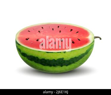 Moitié pastèque avec graines isolées sur fond blanc. Élément de décoration aux fruits de pastèque frais pour l'été. Pastèque coupée et coupée en tranches. Juteux Illustration de Vecteur
