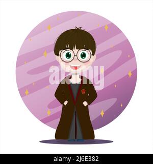 Le garçon est un assistant dans une robe. Illustration de dessin animé vectoriel. Un monde de conte de fées avec une école de magie. Une image plate le garçon avec des lunettes Illustration de Vecteur