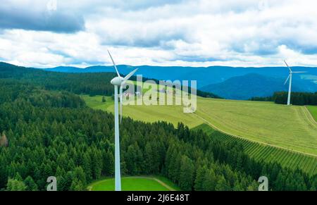 Énergies renouvelables. Centrale éolienne dans le champ vert vif avec forêt de sapins près de Titisee-Neustadt. Forêt noire, Allemagne. Banque D'Images