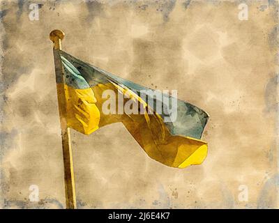 Peinture aquarelle du drapeau ukrainien agitant dans le vent. Banque D'Images