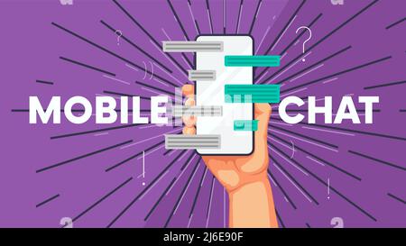 Expérience professionnelle avec main et téléphone, notifications de messages de discussion en ligne de conversation, marketing de concept de vecteur d'application mobile Illustration de Vecteur
