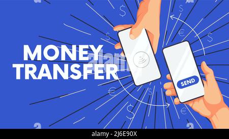 Expérience professionnelle avec la main humaine et le téléphone, l'envoi et la réception d'argent sans fil, transfert d'argent mobile application vecteur de marketing concept Illustration de Vecteur