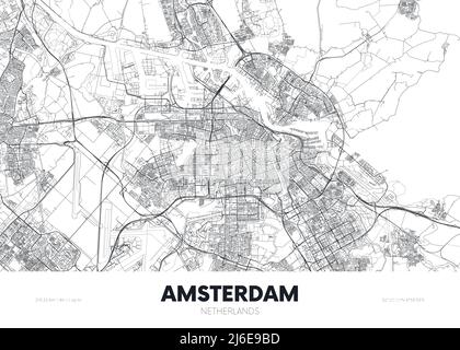 Plan de la ville Amsterdam pays-Bas, affiche de voyage Plan urbain détaillé, illustration vectorielle Illustration de Vecteur