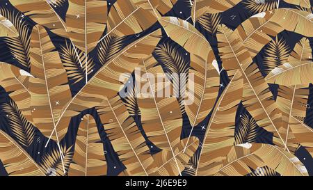 Motif sans couture avec feuilles dorées de banane sur fond sombre, composition de plantes tropicales peut être utilisé conception de couverture, art mural, brochure, Illustration de Vecteur