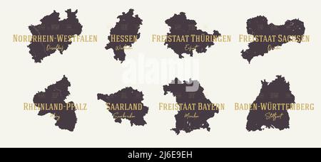 Ensemble 2 des 2 cartes très détaillées vector silhouettes États d'Allemagne avec noms et capitale Illustration de Vecteur