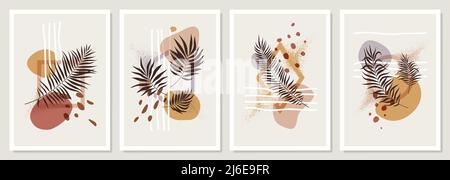 Collection de compositions aux formes géométriques et feuilles tropicales exotiques dans des couleurs pastel, affiches vectorielles minimalistes tendance, pour la décoration murale Illustration de Vecteur