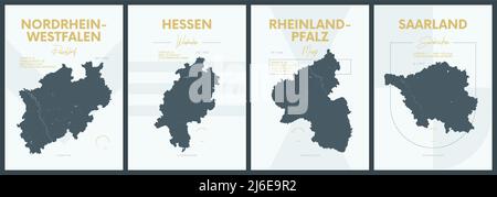 Affiches vectorielles avec des silhouettes très détaillées cartes États de l'Allemagne - Nordrhein-Westfalen, Hessen, Rheinland-Pfalz, Sarre - ensemble 3 de 4 Illustration de Vecteur