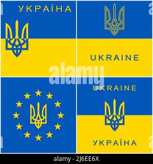 Inscription et le Trident sur le fond du drapeau de l'Ukraine et sur un fond bleu avec des étoiles. Définir. Illustration de Vecteur