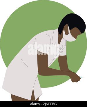 Une infirmière afro féminine portant un uniforme tient une seringue pour faire une illustration du vecteur d'injection. Injection de drogues médicales et vaccination, test du virus corona, m Illustration de Vecteur