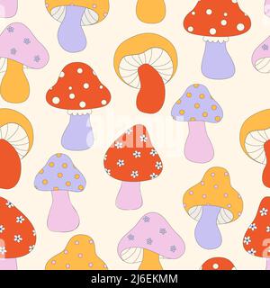 Motif sans couture avec champignons Pop Colour style Flat Design 70s. Cool tendance rétro de hipster rétro cool éléments psychédéliques. Vecteur de tendance Illustration de Vecteur