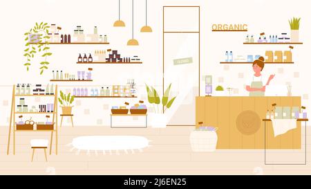 Boutique de cosmétiques ou magasin de beauté avec des produits écologiques de soin de la peau et de maquillage sur des étagères en bois dans le centre commercial illustration vectorielle. Cartoon femme vendeur en attente client à l'arrière-plan du comptoir Illustration de Vecteur