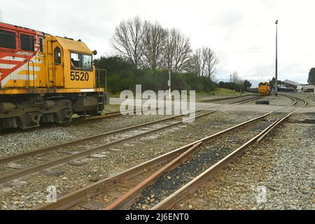 REEFTON, NOUVELLE-ZÉLANDE, 6 SEPTEMBRE 2021 : trains de marchandises à la gare ferroviaire de Reefton, 6 septembre 2021. Banque D'Images