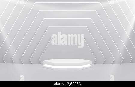 Podium avec points saillants sur fond blanc à motif hexagonal pour l'affichage des produits. Plate-forme de podium vide. 3D rendu. Banque D'Images