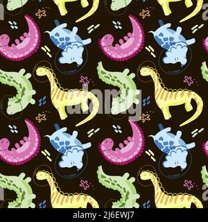 Dessin sans couture d'astronautes de dinosaures multicolores sur fond blanc. Vecteur de style dessin animé. Astronaute dinosaures avec planètes, comètes et s. Illustration de Vecteur