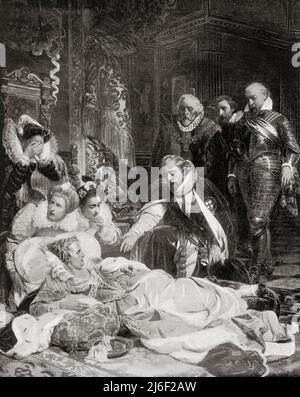 La mort de la reine Elizabeth I, le 24th mars 1603. Elizabeth I, 1533 – 1603, alias la Vierge Reine, Gloriana ou la bonne Reine Bess. Reine d'Angleterre et d'Irlande. Banque D'Images