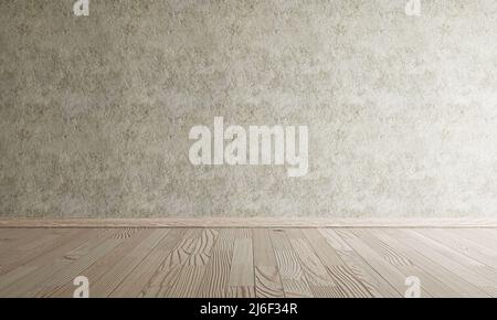 Chambre vide avec parquet et mur en béton brut dans un fond de style vintage aux tons sombres. Architecture intérieure et matériaux de construction papier peint co Banque D'Images