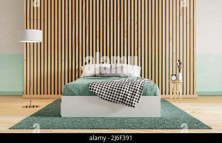 Chambre verte avec parquet et cloison et fond blanc vert en béton brut. Concept d'intérieur et d'architecture. 3D illustration r Banque D'Images