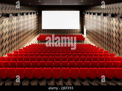 Écran de cinéma blanc lumineux blanc vierge avec rangées de sièges et de chaises rouges réalistes avec arrière-plan vide de l'espace de copie. Première de film et Ente Banque D'Images