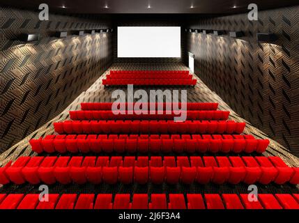 Écran de cinéma blanc lumineux blanc vierge avec rangées de sièges et de chaises rouges réalistes avec arrière-plan vide de l'espace de copie. Première de film et Ente Banque D'Images