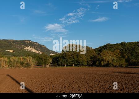 Panorama de Pesche, village de la province d'Isernia, à Molise, perché le long des pentes abruptes du Mont San Marco, un point blanc contre le vert o Banque D'Images