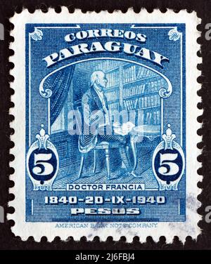 PARAGUAY - VERS 1940 : un timbre imprimé au Paraguay montre le Dr Jose Francia, dictateur du Paraguay, Centenaire de la mort, vers 1940 Banque D'Images