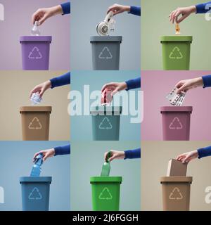 Les mains mettant différents types de déchets dans différents poubelles, le recyclage et le concept de collecte des déchets séparés Banque D'Images