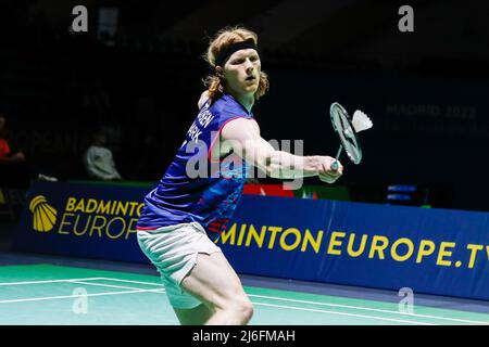 Anders Antonsen du Danemark, demi-finale lors des Championnats d'Europe de badminton 2022 le 29 avril 2022 au Centre sportif de Gallur à Madrid, Espagne - photo: Irina R Hipolito/DPPI/LiveMedia Banque D'Images