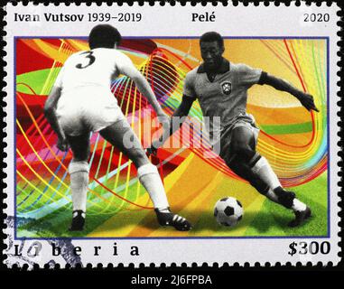 Photo de Pelè avec le maillot du Brésil sur le timbre Banque D'Images