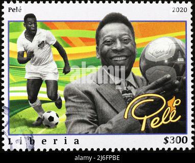 Photo de Pelè avec le maillot de Santos sur le timbre Banque D'Images