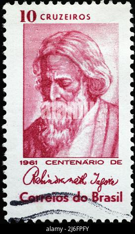 Portrait de Rabindranath Tagore sur timbre-poste brésilien Banque D'Images