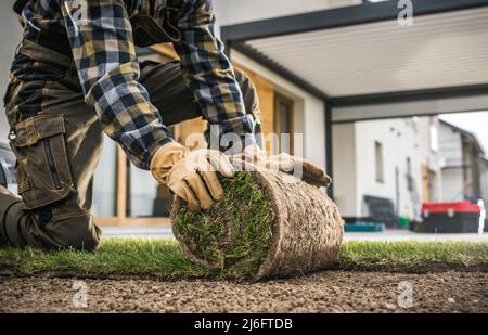 Paysagiste caucasien professionnel dans son 40s installation de la nouvelle pelouse naturelle gazon d'un rouleau. Thème de l'industrie du jardinage et de l'aménagement paysager. Banque D'Images