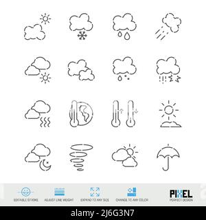 Ensemble d'icônes de lignes vectorielles liées aux prévisions météorologiques isolées en blanc. Un design parfait pour les pixels. Contour modifiable. Régler l'épaisseur de ligne. Développez jusqu'à n'importe quelle taille. Changer Illustration de Vecteur