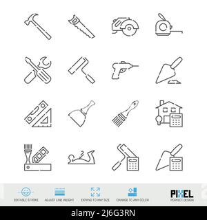 Ensemble d'icônes de lignes vectorielles associées aux outils de travail isolées sur blanc. Un design parfait pour les pixels. Contour modifiable. Régler l'épaisseur de ligne. Développez jusqu'à n'importe quelle taille. Remplacer par un Illustration de Vecteur