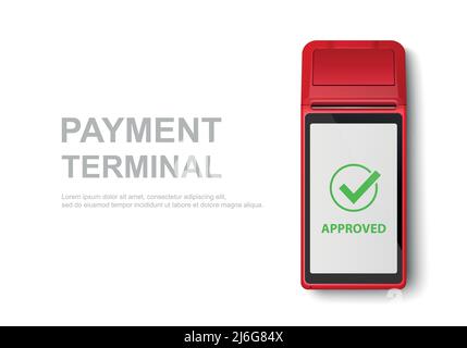 Vector Realistic 3D Red Touch Mobile Payment machine. Gros plan du terminal POS isolé sur blanc. Modèle de conception de paiement bancaire sans fil sans contact Illustration de Vecteur